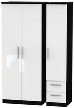 Knightsbridge White Gloss and Black 3 Door Triple Wardrobe - RHF 2 Drawers