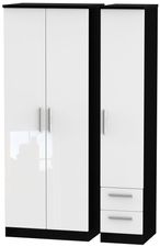 Knightsbridge White Gloss and Black 3 Door Tall Triple Wardrobe - RHF 2 Drawers