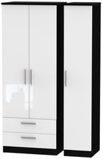 Knightsbridge White Gloss and Black 3 Door Tall Triple Wardrobe - LHF 2 Drawers