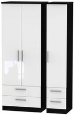 Knightsbridge White Gloss and Black 3 Door Tall Triple Wardrobe - 4 Drawers
