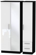 Knightsbridge White Gloss and Black 3 Door Tall Combi Wardrobe - 1 Mirror and RHF 2 Drawers
