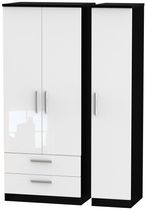Knightsbridge White Gloss and Black 3 Door Triple Wardrobe - LHF 2 Drawers