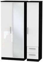 Knightsbridge White Gloss and Black 3 Door Combi Wardrobe - 1 Mirror and RHF 2 Drawers