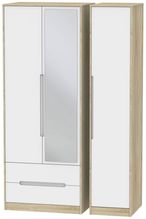 Monaco White Matt and Oak Effect 3 Door Tall Combi Wardrobe - 1 Mirror and LHF 2 Drawers