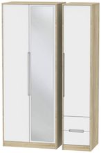 Monaco White Matt and Oak Effect 3 Door Tall Combi Wardrobe - 1 Mirror and RHF 2 Drawers