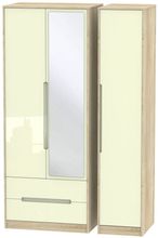 Monaco Cream Gloss and Oak Effect 3 Door Tall Combi Wardrobe - 1 Mirror and LHF 2 Drawers