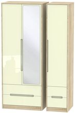 Monaco Cream Gloss and Oak Effect 3 Door Tall Combi Wardrobe - 1 Mirror