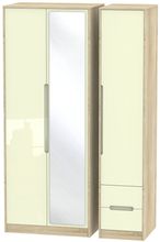 Monaco Cream Gloss and Oak Effect 3 Door Tall Combi Wardrobe - 1 Mirror and RHF 2 Drawers