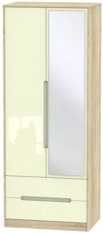 Monaco Cream Gloss and Oak Effect 2 Door Tall Combi Wardrobe - 1 Mirror