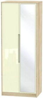 Monaco Cream Gloss and Oak Effect 2 Door Tall Wardrobe - 1 Mirror