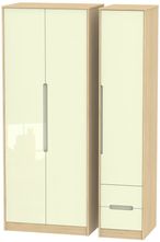 Monaco Cream Gloss and Light Oak 3 Door Tall Triple Wardrobe - RHF 2 Drawers