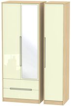 Monaco Cream Gloss and Light Oak 3 Door Tall Combi Wardrobe - 1 Mirror and LHF 2 Drawers
