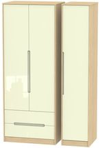 Monaco Cream Gloss and Light Oak 3 Door Tall Triple Wardrobe - LHF 2 Drawers