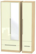 Monaco Cream Gloss and Light Oak 3 Door Tall Combi Wardrobe - 1 Mirror