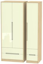 Monaco Cream Gloss and Light Oak 3 Door Tall Triple Wardrobe - 4 Drawers