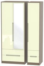 Monaco Cream Gloss and Toronto Walnut 3 Door Tall Combi Wardrobe - 1 Mirror