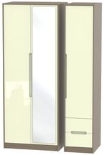 Monaco Cream Gloss and Toronto Walnut 3 Door Tall Combi Wardrobe - 1 Mirror and RHF 2 Drawers