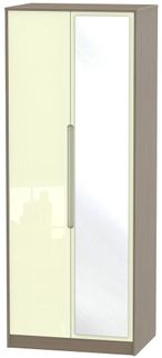 Monaco Cream Gloss and Toronto Walnut 2 Door Tall Wardrobe - 1 Mirror