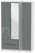 Monaco Grey Gloss and White 3 Door Tall Combi Wardrobe - 1 Mirror and LHF 2 Drawers