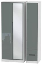 Monaco Grey Gloss and White 3 Door Tall Combi Wardrobe - 1 Mirror and RHF 2 Drawers