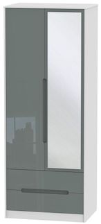 Monaco Grey Gloss and White 2 Door Tall Combi Wardrobe - 1 Mirror