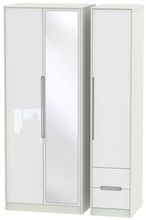 Monaco White Gloss and Cashmere 3 Door Tall Combi Wardrobe - 1 Mirror and RHF 2 Drawers