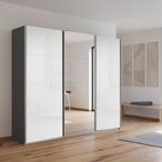 Rauch Kulmbach 203cm 3 Door Sliding Wardrobe with Mirror - Metallic Dark Grey and White High Gloss