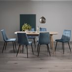 Dansk Scandi Oak Extending Dining Table Set - 6-8 Seater - 175cm-215cm - 6 Mondrian Petrol Blue Velvet Chairs