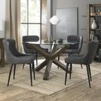 Turin Glass Round Dining Table - 4 Seater - 120cm - Dark Oak Legs - 4 Cezanne Dark Grey Faux Leather Chairs - Black Legs