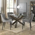 Turin Glass Round Dining Table - 4 Seater - 120cm - Dark Oak Legs - 4 Cezanne Grey Velvet Chairs - Black Legs