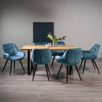 Ramsay Oak Dining Table Set - 6 Seater - 160cm - U Leg - 6 Dali Petrol Blue Velvet Chairs