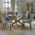Turin Glass Dining Table Set - 4 Seater - 120cm - Round - Light Oak Legs - 4 Cezanne Grey Velvet Chairs - Black Legs