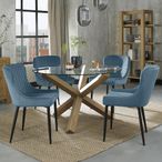 Turin Glass Dining Table Set - 4 Seater - 120cm - Round - Light Oak Legs - 4 Cezanne Petrol Blue Velvet Chairs - Black Legs