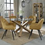 Turin Glass Dining Table Set - 4 Seater - 120cm - Round - Light Oak Legs - 4 Dali Mustard Velvet Chairs