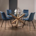 Turin Glass Dining Table Set - 4 Seater - 120cm - Round - Light Oak Legs - 4 Fontana Blue Velvet Chairs