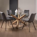 Turin Glass Dining Table Set - 4 Seater - 120cm - Round - Light Oak Legs - 4 Fontana Grey Velvet Chairs