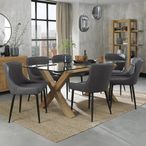 Turin Glass Dining Table Set - 6 Seater - 180cm - Light Oak Legs - 6 Cezanne Dark Grey Faux Leather Chairs - Black Legs