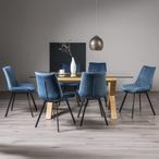 Turin Glass Dining Table Set - 6 Seater - 180cm - Light Oak Legs - 6 Fontana Blue Velvet Chairs
