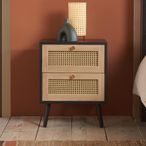 Croxley Bedside Cabinet - 2 Drawer - Black and Rattan