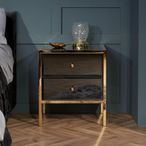 Fenwick Bedside Cabinet - 2 Drawer - Black Glass - Gold Trim