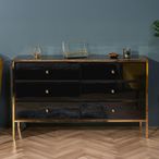 Fenwick Wide Chest - 6 Drawer - Black Glass - Gold Trim