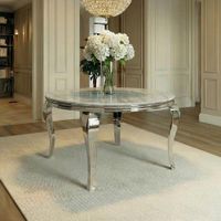 Louis Round Dining Table - 4 Seater - 120cm - Grey Marble & Chrome
