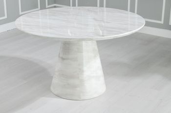 Carrera Marble Dining Table Set for 4 to 6 Diners 130cm Round White Top with Cone Pedestal Base - Black Knockerback Chairs