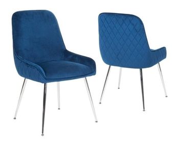 Hamilton Blue Dining Chair, Velvet Fabric Upholstered with Quilted Diamond Stitched Back and Chrome Legs