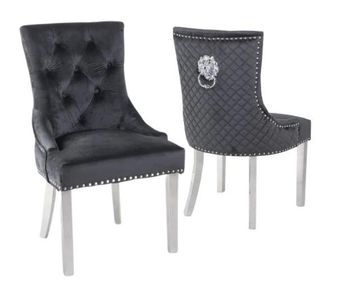 Lion Knocker Back Black Dining Chair, Tufted Velvet Fabric Upholstered with Chrome Legs
