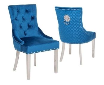 Lion Knocker Back Blue Dining Chair, Tufted Velvet Fabric Upholstered with Chrome Legs