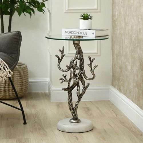 Antique Silver Twig Metal and Glass Round Side Table