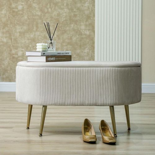 Beige Velvet Fabric Storage Hall Bench