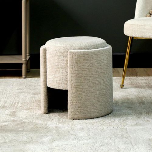 Taupe Chenille Fabric Round Small Footstool