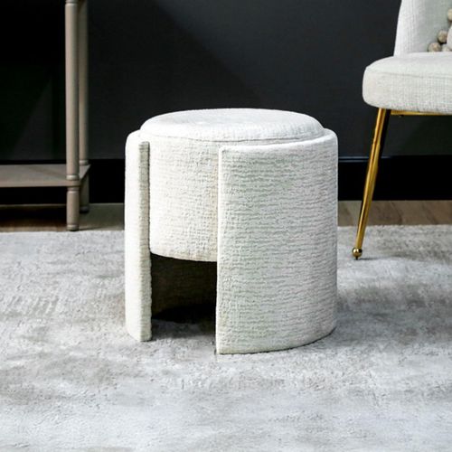 Ivory Chenille Fabric Round Small Footstool